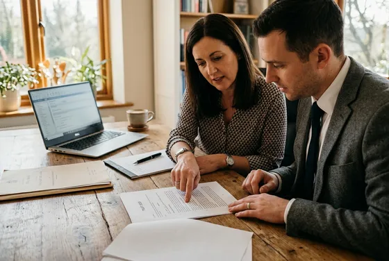 Conveyancer reviewing SMSF property documents with client